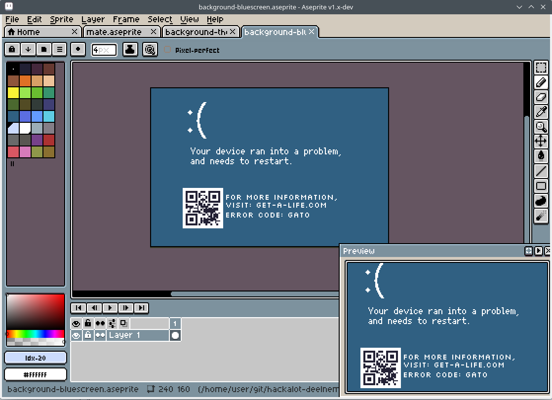 A bluescreen background in Aseprite